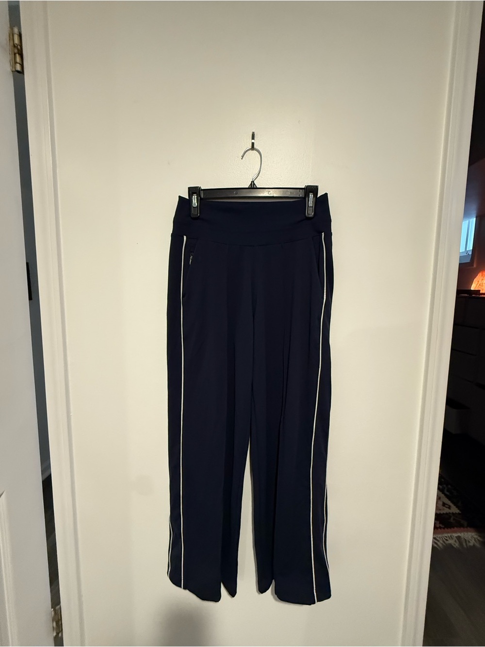 Athleta Navy Wide-Leg Pants with White Side Piping